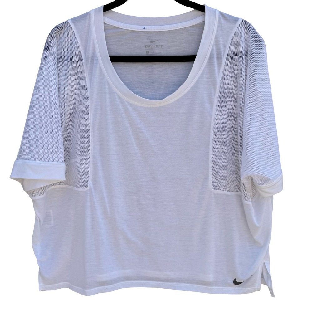 Nike Dri-FIT White Mesh Panel Short Sleeve Training Top Large Relaxed Fit Shirt